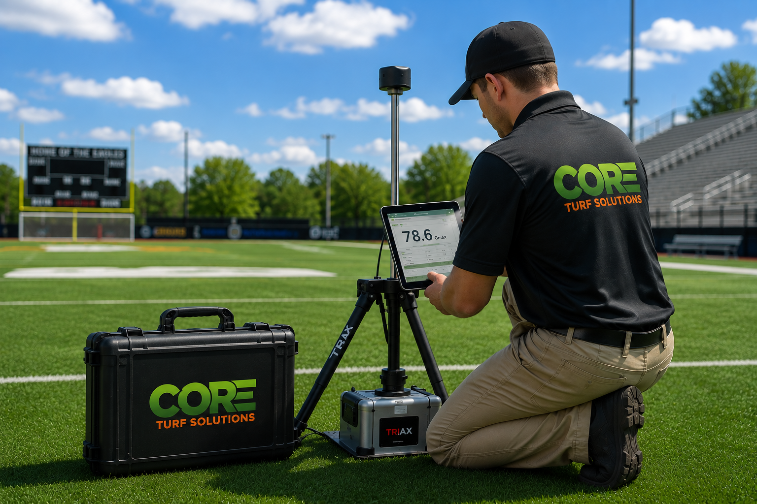 Core Turf Solutions technician conducting GMAX impact testing on an athletic field